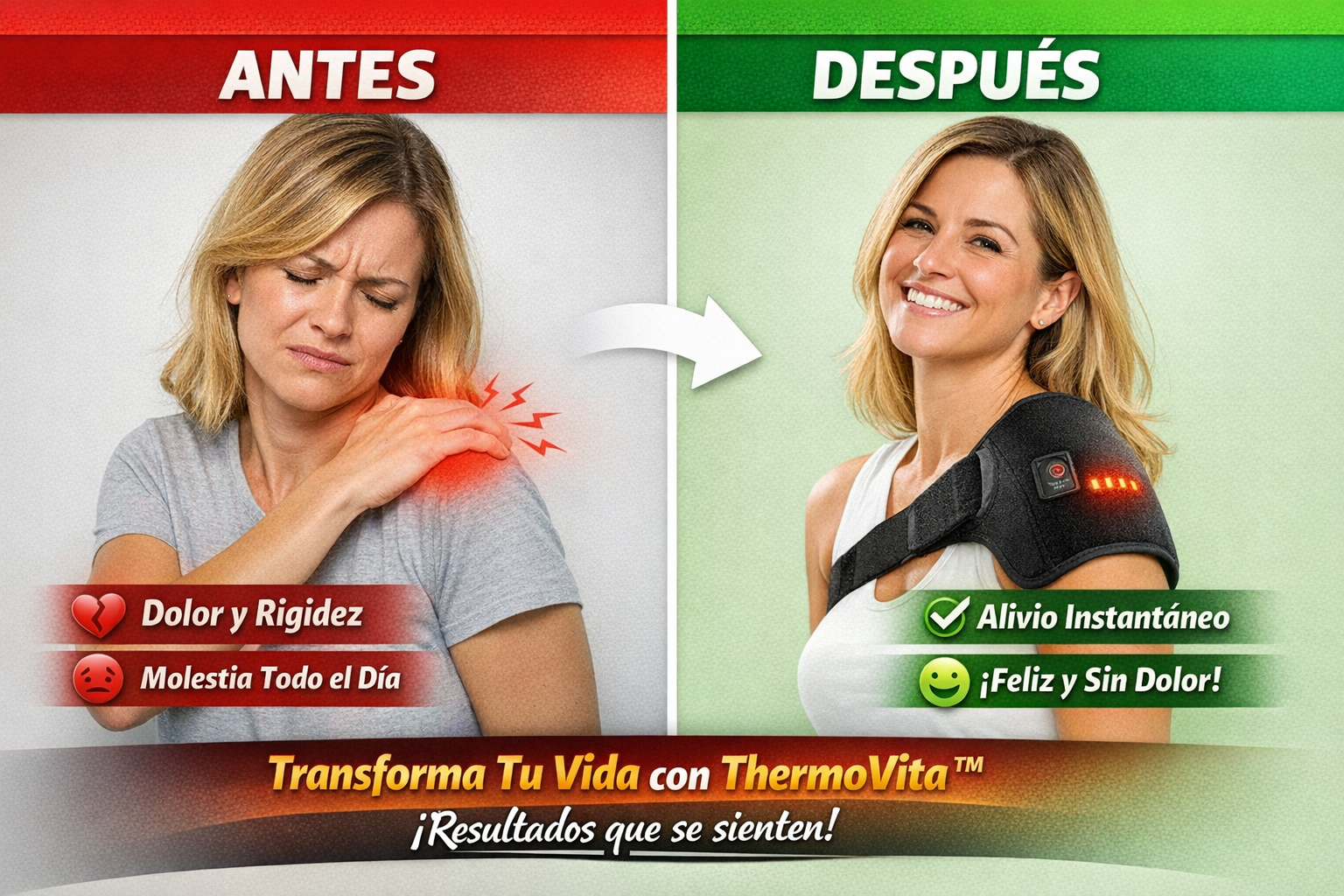 Antes y después ThermoVita hombrera térmica alivio de hombro